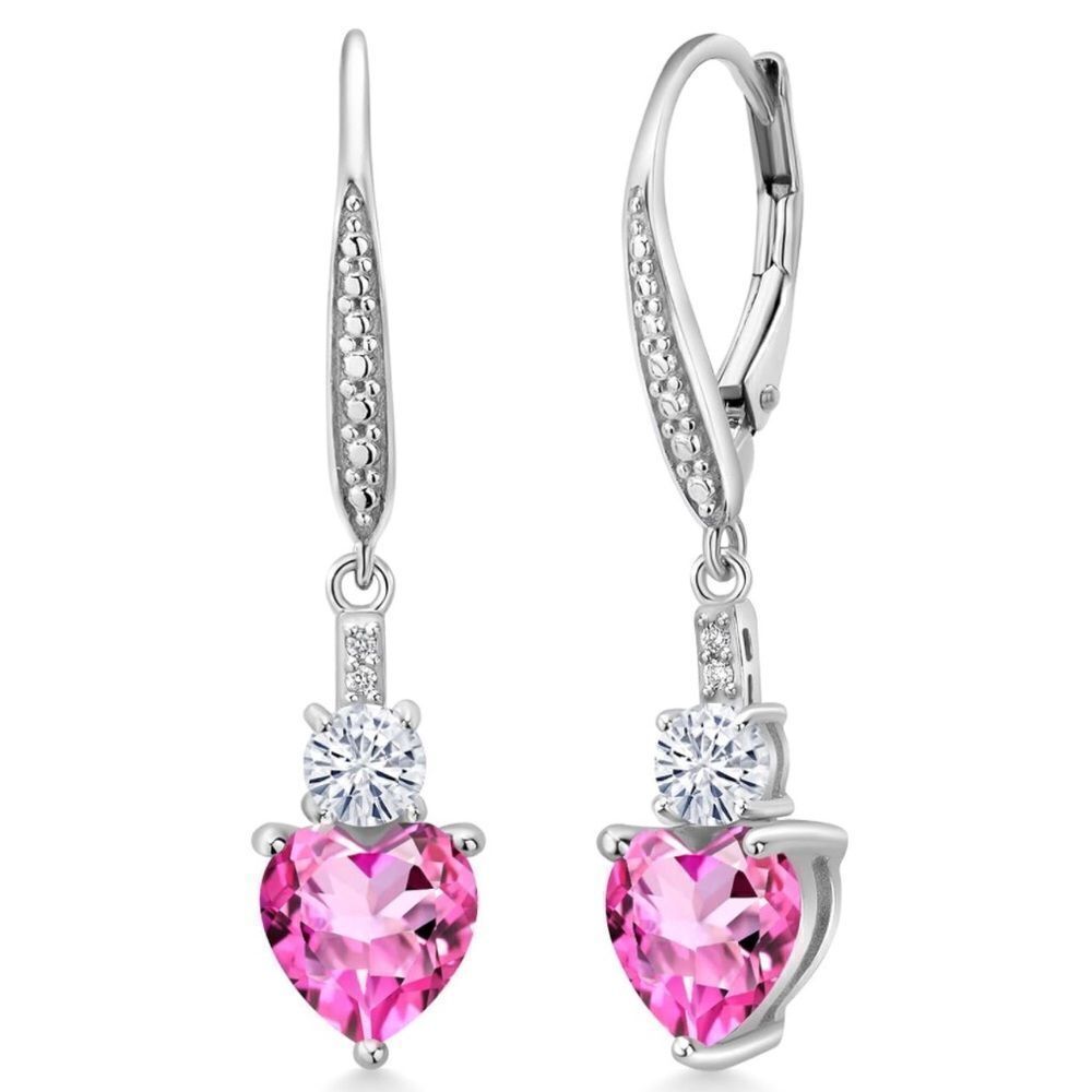 925 Sterling Silver 3.09 Cttw Pink Mystic Topaz and Moissanite Heart Earrings